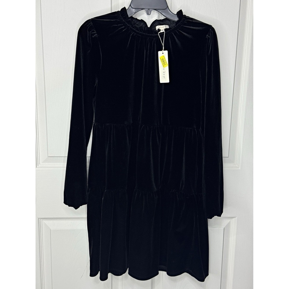 Copper Key Black Velvet Shift Dress Tiered Elastic Waist Ruffle Neck XS NWT